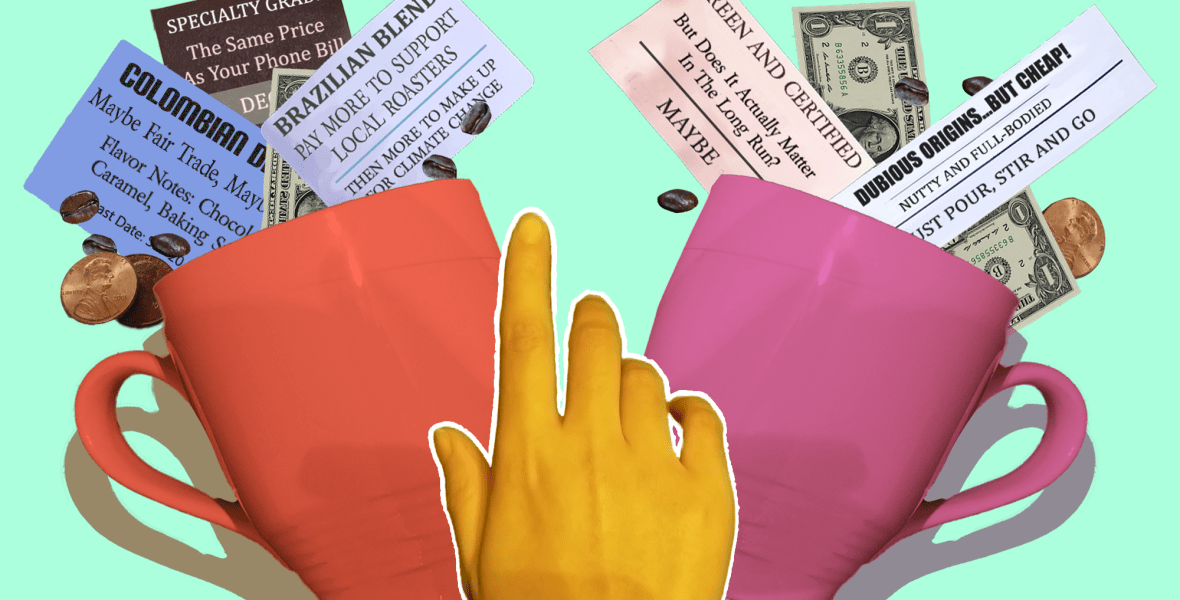 a gold hand reaching out to a red cup and a pink cup