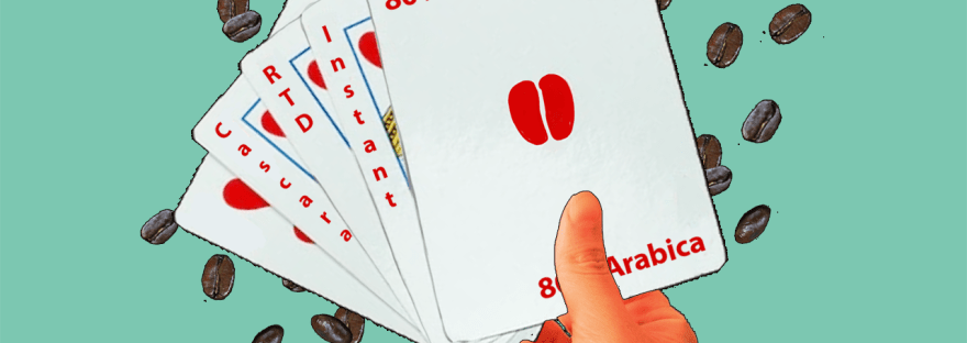 coffee marketing banner with a hand holding a deck of cards surrounded by coffee beans