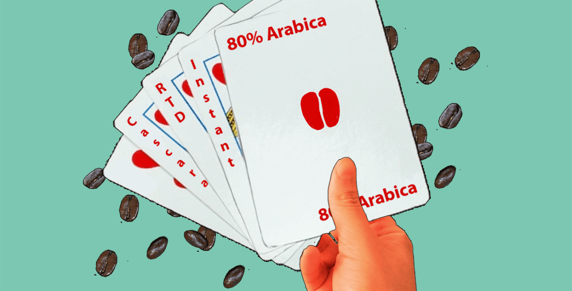 coffee marketing banner with a hand holding a deck of cards surrounded by coffee beans